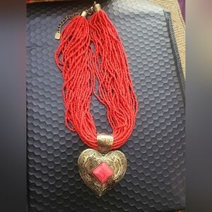 You & I Red Seed Bead Necklace with Gemstone Heart Pendant